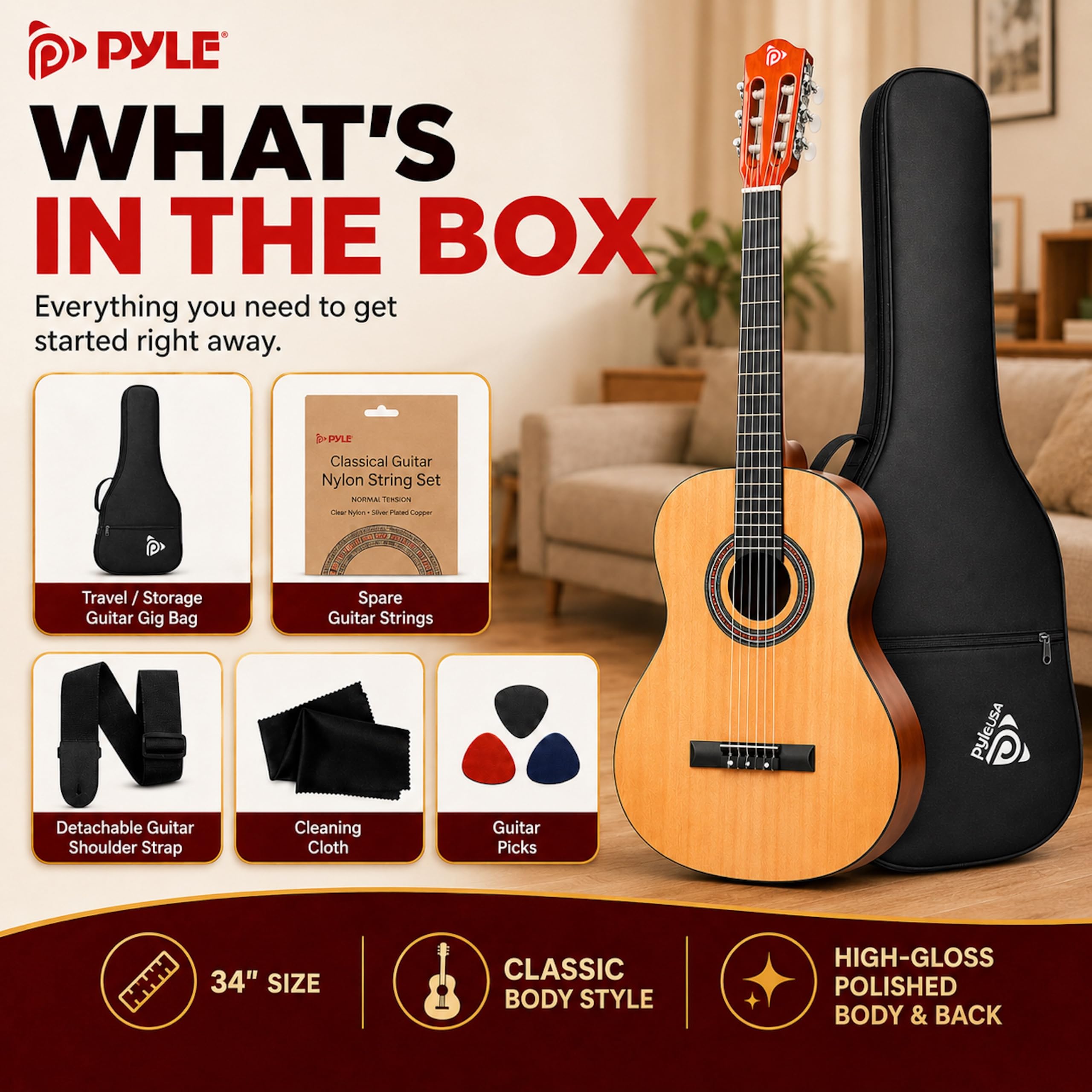 Pyle Kit per chitarra acustica per principianti, 1/2 Junior Size All Wood Instrument con kit di accessori completo, plettri, tracolla, custodia, panno per la pulizia, app accordatore, lezioni di 2