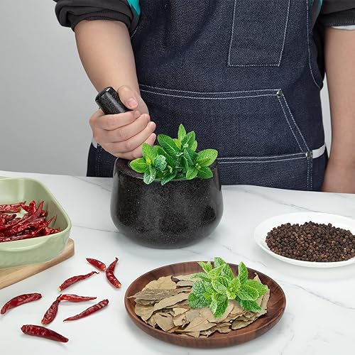 Miniatura 5 de Juego de mortero y mortero de granito natural resistente, mortero de granito pulido de 4 tazas de 7 pulgadas, molinillo de piedra sólida,