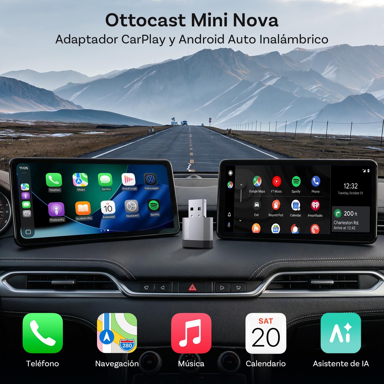 OTTOCAST 2 en 1 Inalámbrico CarPlay y Android Auto Adaptador, Mini Nova 2026 Wireless Adapter Ultra-Compacto, Compatible con ChatGPT Gemini (iOS 26.3+), Plug & Play para CarPlay/Android Auto por Cable