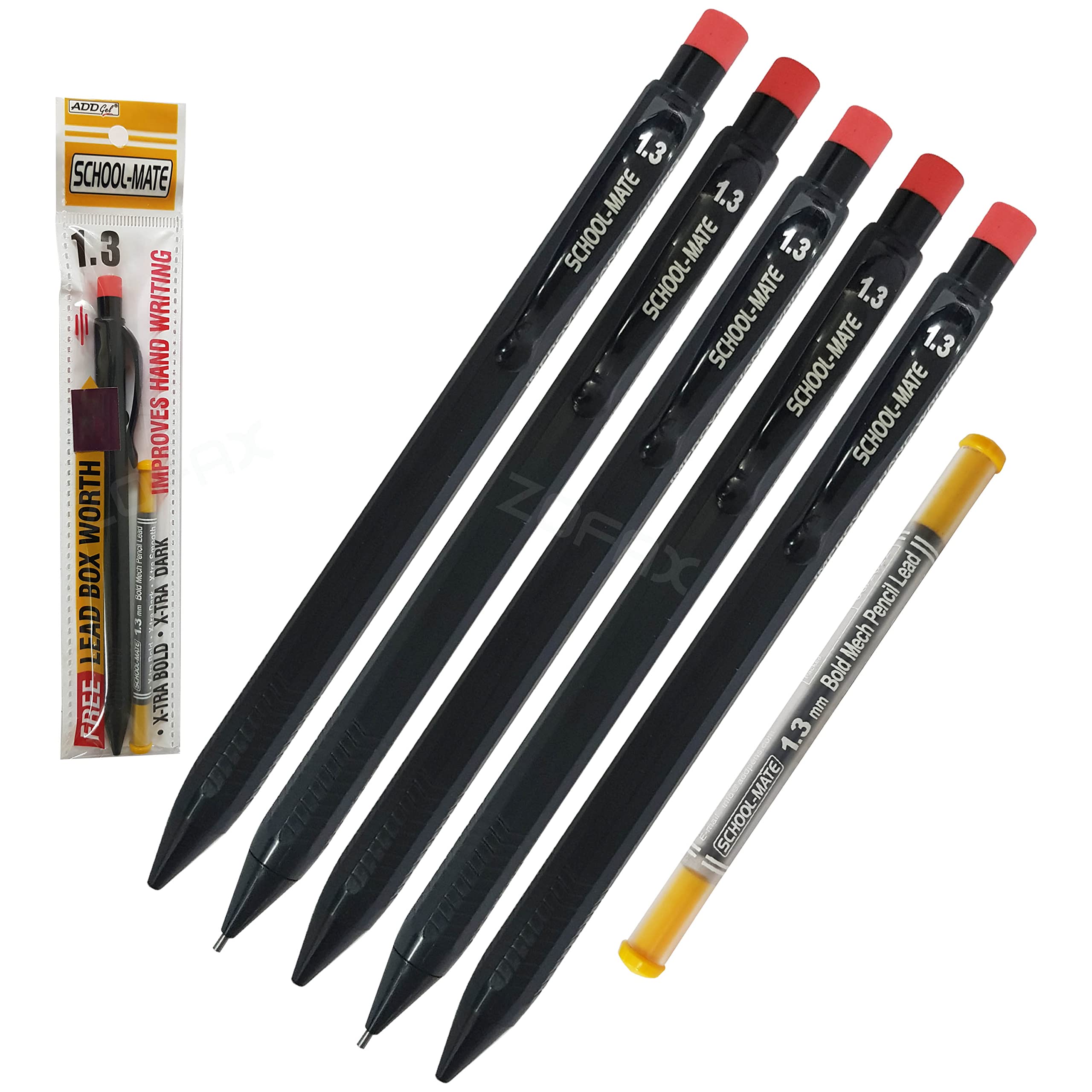 ADD 13-RT Mechanical Pencils Set, 1.3mm Lead, Pack of 5, Built-in Rubber, Lead Refills, Propelling Pencils, Draw Write Sketch, PATEL Black Ball Pen