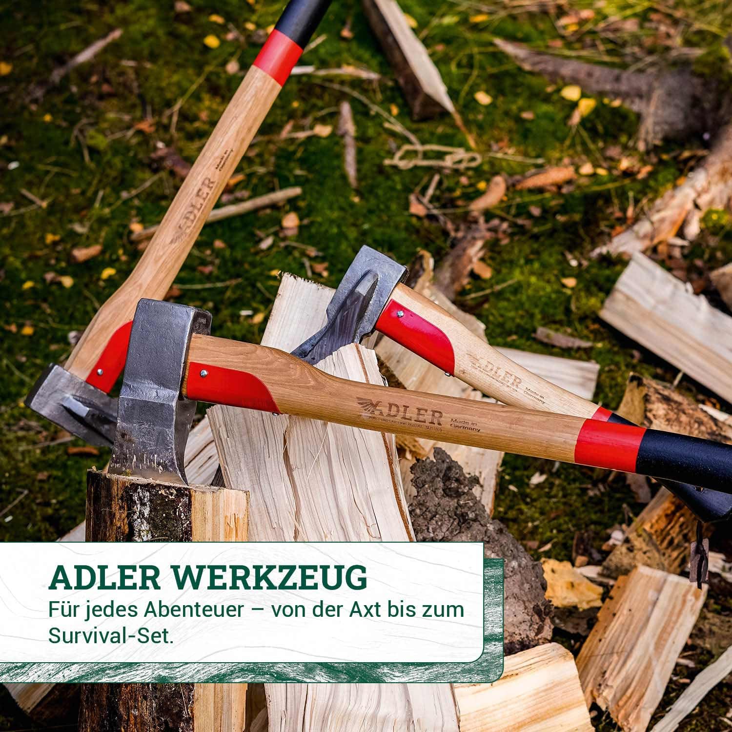ADLER Spaltaxt 2000g 80 cm C60 Hickorystiel Brennholz Kaminholz Grün | Geschmiedeter Spaltkopf mit zwei Flügeln und dreifacher Sicherheitsverkeilung Made in Germany