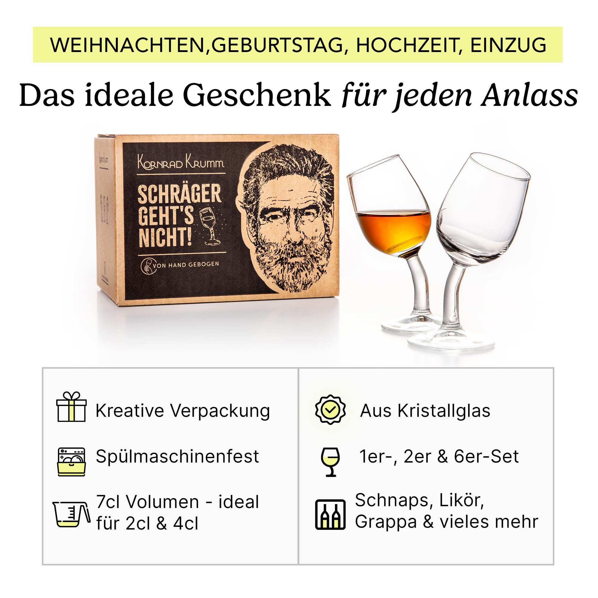 Kornrad Krumm | Schnapsgläser-Set mit Stiel (6 Stück), 4cl, Handgebogen in DE | Lustige Shot-Gläser für Männer & Frauen | witzige Geschenk-Idee für Weihnachten, Geburtstag, Hochzeit