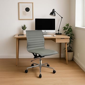 2xhome Modern Office Chairs | Upholstered PU Leather Ribbed Mid Back with Metal Frame | Adjustable Height, Tilt Lock | Computer Desk Chair, Meetings Parent 1, Gray, Armless