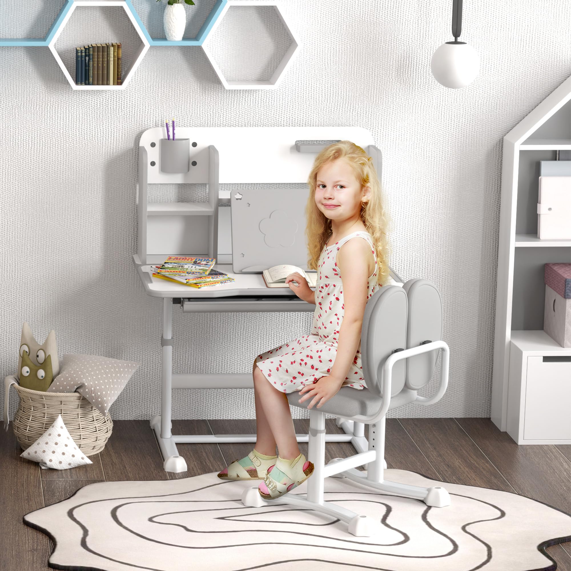 AIYAPLAY Juego de Escritorio y Silla para Niños de +3 Años, Pupitre Infantil Altura Ajustable con Tablero Inclinable, Cajón y Estantes, Respaldo Acolchado, para Libros, 80x55x107,5 cm, Gris