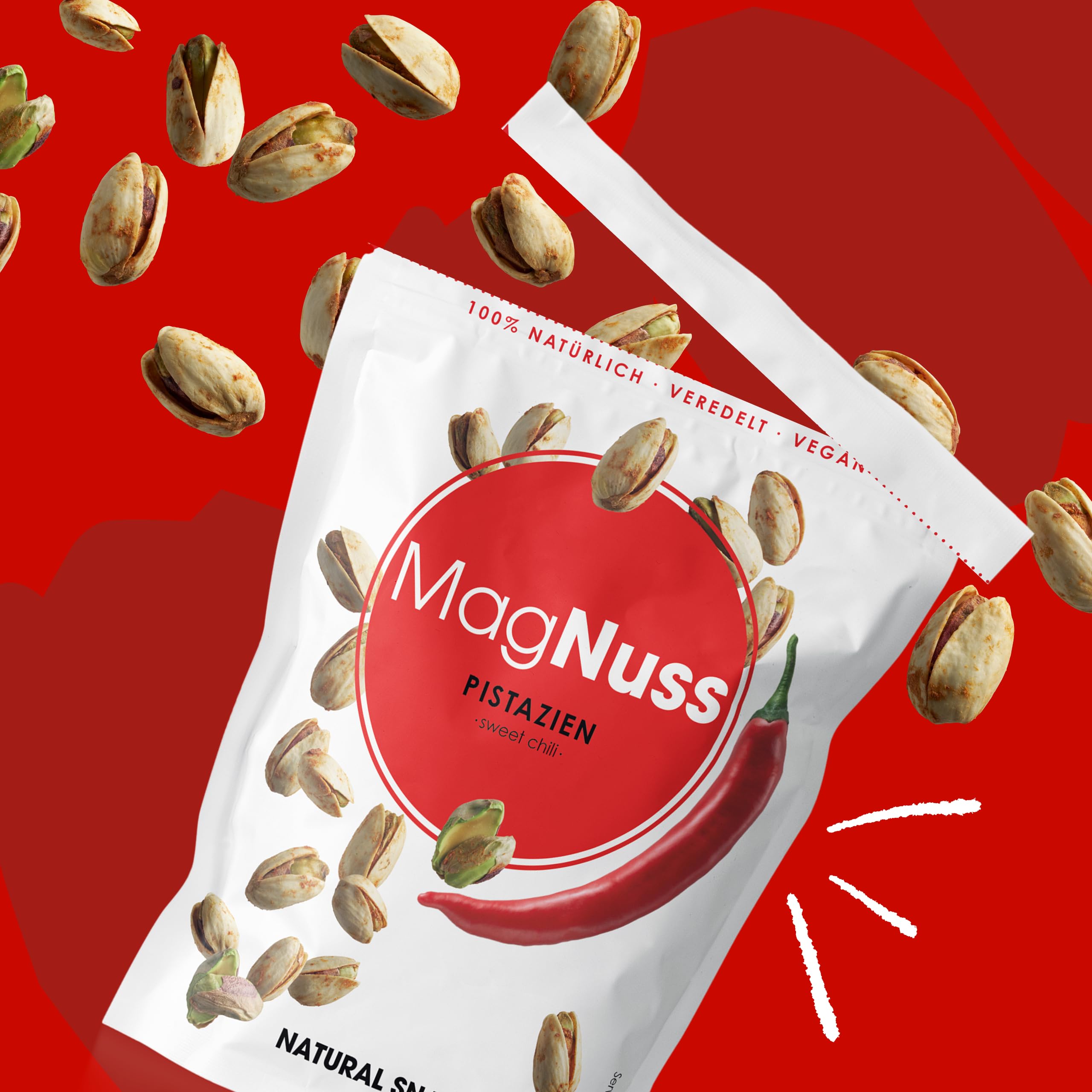 MagNuss Pistazien | Sweet Chili | 12x 200g-Packung | Knackige Pistazien mit würzigem Chili-Aroma | aromatisch-pikanter Genuss für Snackliebhaber