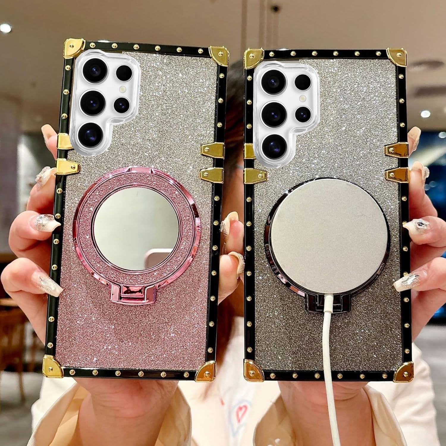 for Samsung Galaxy S25 Ultra Magnetic Kickstand Glitter Case,[Compatible with MagSafe] Bling Sparkly with Ring Stand& Makeup Mirror Shockproof Women Girls Phone Case for Galaxy S25 Ultra,Pink - Image 3