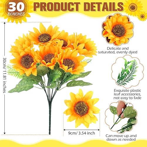 Miniatura 2 de Roshtia 30 racimos de flores artificiales de girasol, cada una con 7 cabezas, 11.8 pulgadas de alto para novia de seda, centros de mesa de