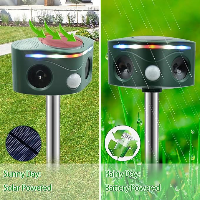 The repeller is powered by solar energy, making it eco-friendly and cost-effective. It is weatherproof and designed to withstand outdoor conditions, ensuring long-lasting use. The ultrasonic sound emitted by the device is inaudible to humans but irritating to animals, effectively deterring them from entering your property without the need for chemicals or traps.