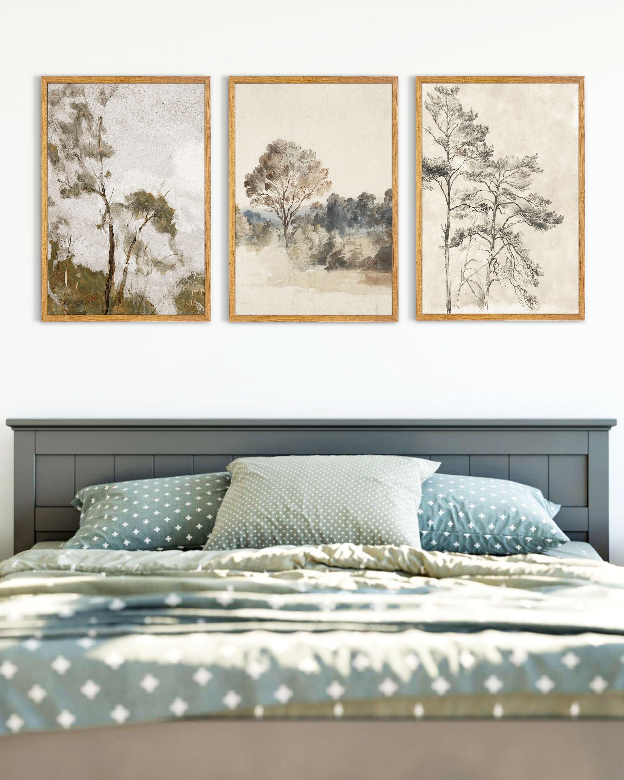 UPWOIGH Großes Wandkunst-Set, gerahmt, neutrale Landschaftsdrucke, Vintage-Baum-Poster, Dekoration für Wohnzimmer, Schlafzimmer, Büro, Bauernhaus, ästhetisch, Baumwoll-Leinwand, Geschenk, 3 Stück
