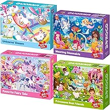 QUOKKA Jigsaw Puzzles For 3 4 Year Olds - 4x60 Jigsaws for Children Age 5 6 7 - Kids Puzzles For Learning Princess Mermaids - Unicorn Gift Toy for Boys & Girls 5-8 yo