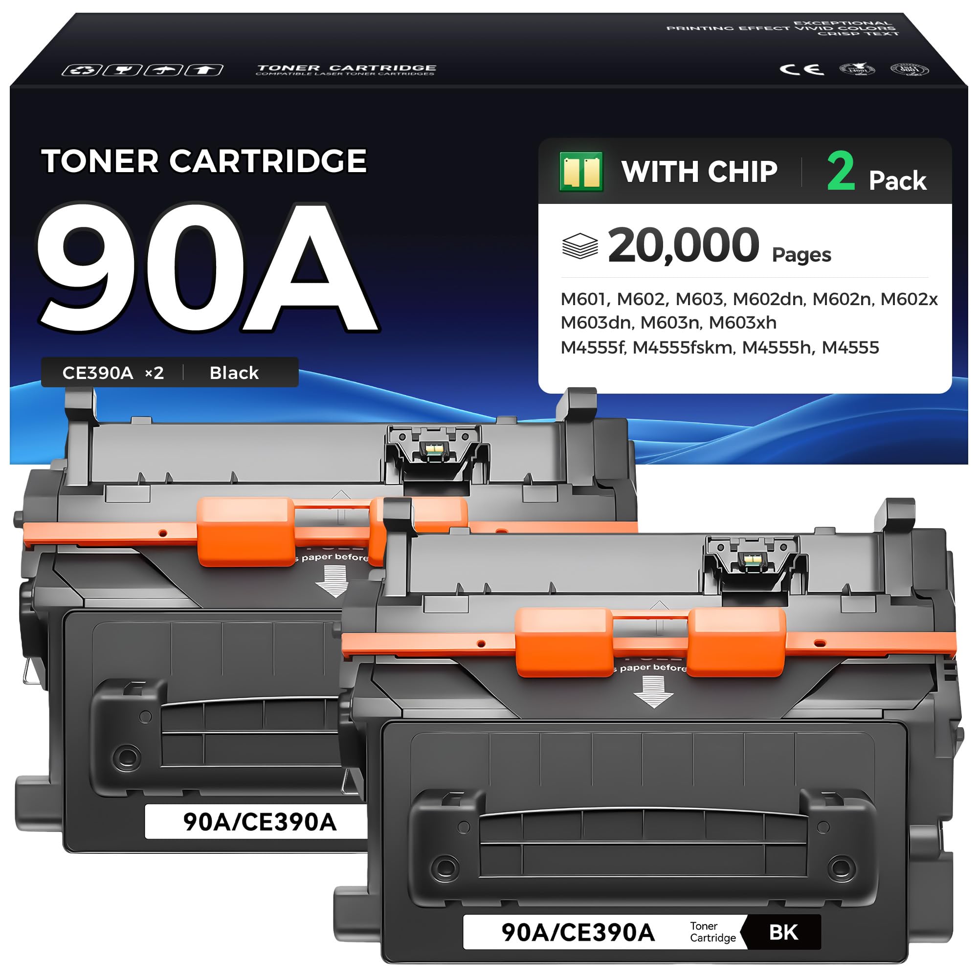 90A CE390A Black Toner Cartridge 2-Pack Replacement for HP 90A CE390A Toner Compatible with HP LaserJet Enterprise 600 Printer M602dn M602n M602x M603dn M603n M603xh M4555f MFP M4555fskm M4555h Ink