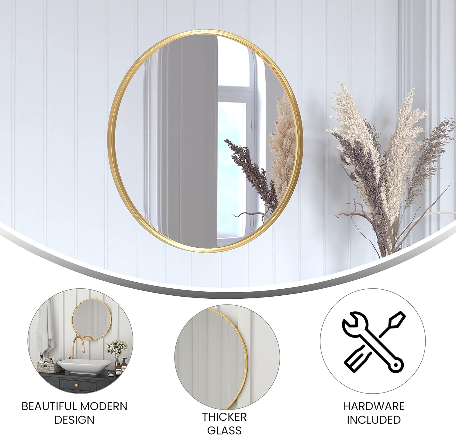 EMMA + OLIVER Mersin 24" Round Wall Mounted Mirror - Gold Iron Frame - Silver Backing - Shatterproof Glass - Ready to Hang - 3 Types of Wall Anchors Included