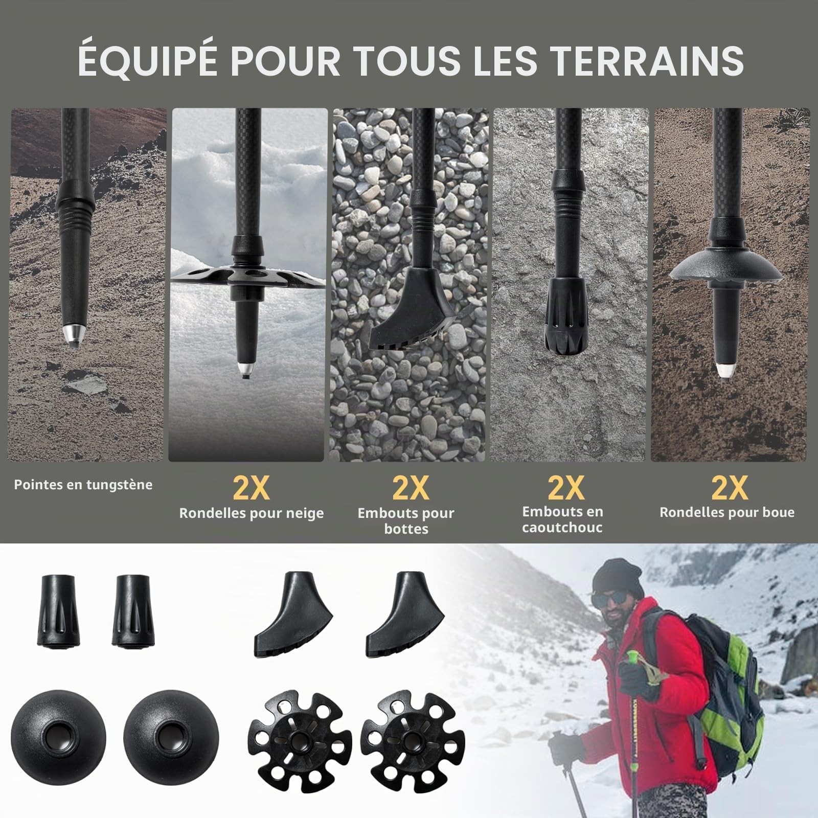 BISINNA Bâtons de randonnée Pliables Carbone 234g | Ultra-léger dès 234g, pointes carbure, accessoires inclus. Pour homme/femme, marche nordique, randonnée alpine.
