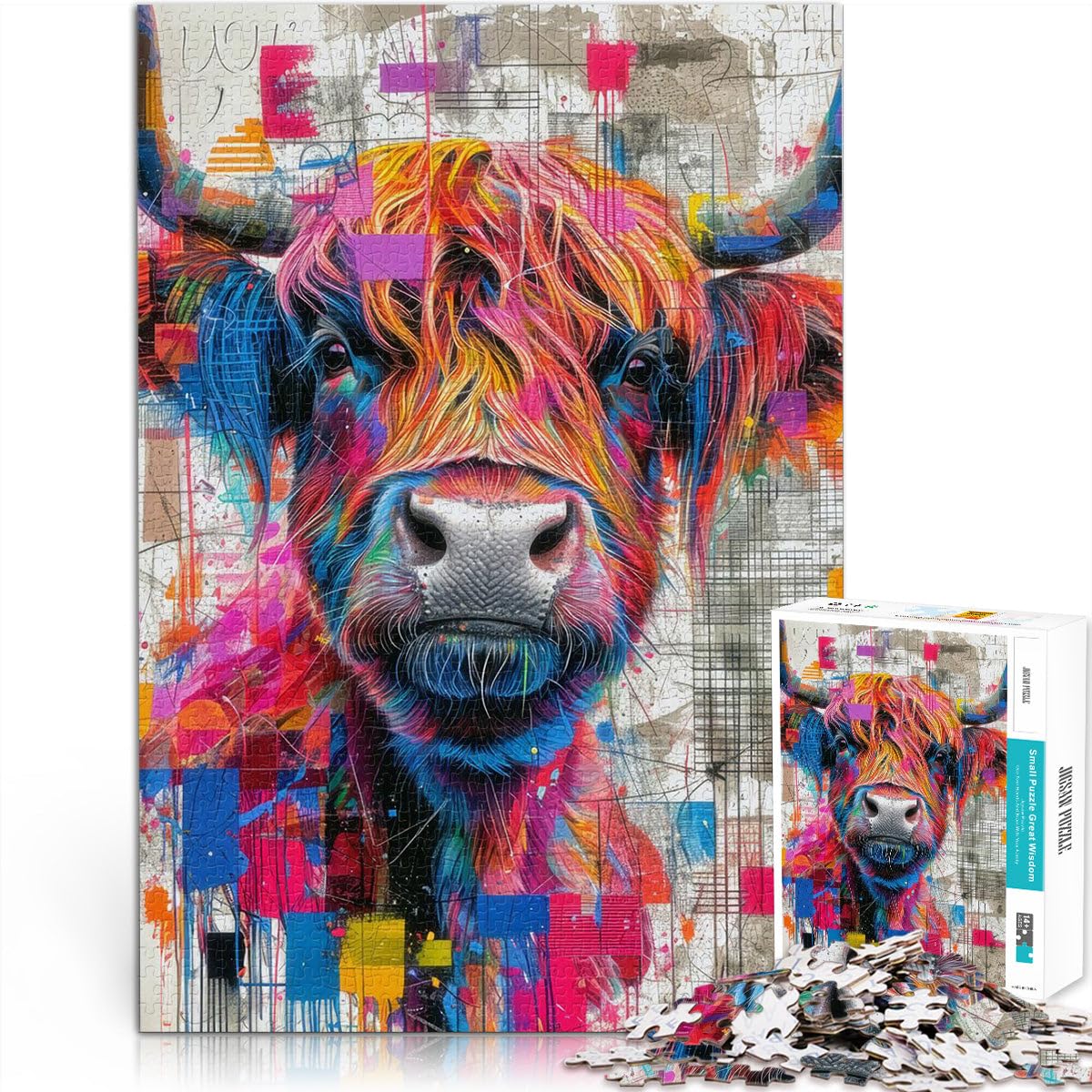 Jigsaw Puzzles 1000 Piece for teenagers Highland Cow Colorful Face Brain Teaser 26x38cm unique challenge game for Age 14