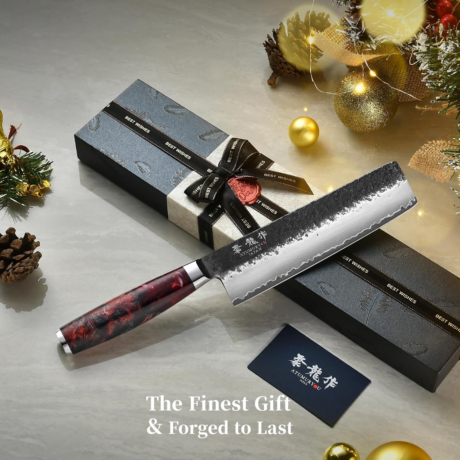 Japanese Nakiri Knife, 7 Inch Hand Forged Chef Knives with VG10 Steel, Professional Kitchen Knives, Ultra Sharp Vegetables Knife with Ergonomic Red Handle, Cooking Gifts for Men and Women - Image 8