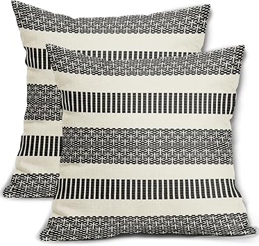 Black Striped Pillow Covers 18x18 Set of 2 Boho Stripe Pattern Print Cream White Decorative Throw Pillows Outdoor Modern Pillowcase Square Cushion Case for Home Sofa Couch Bed