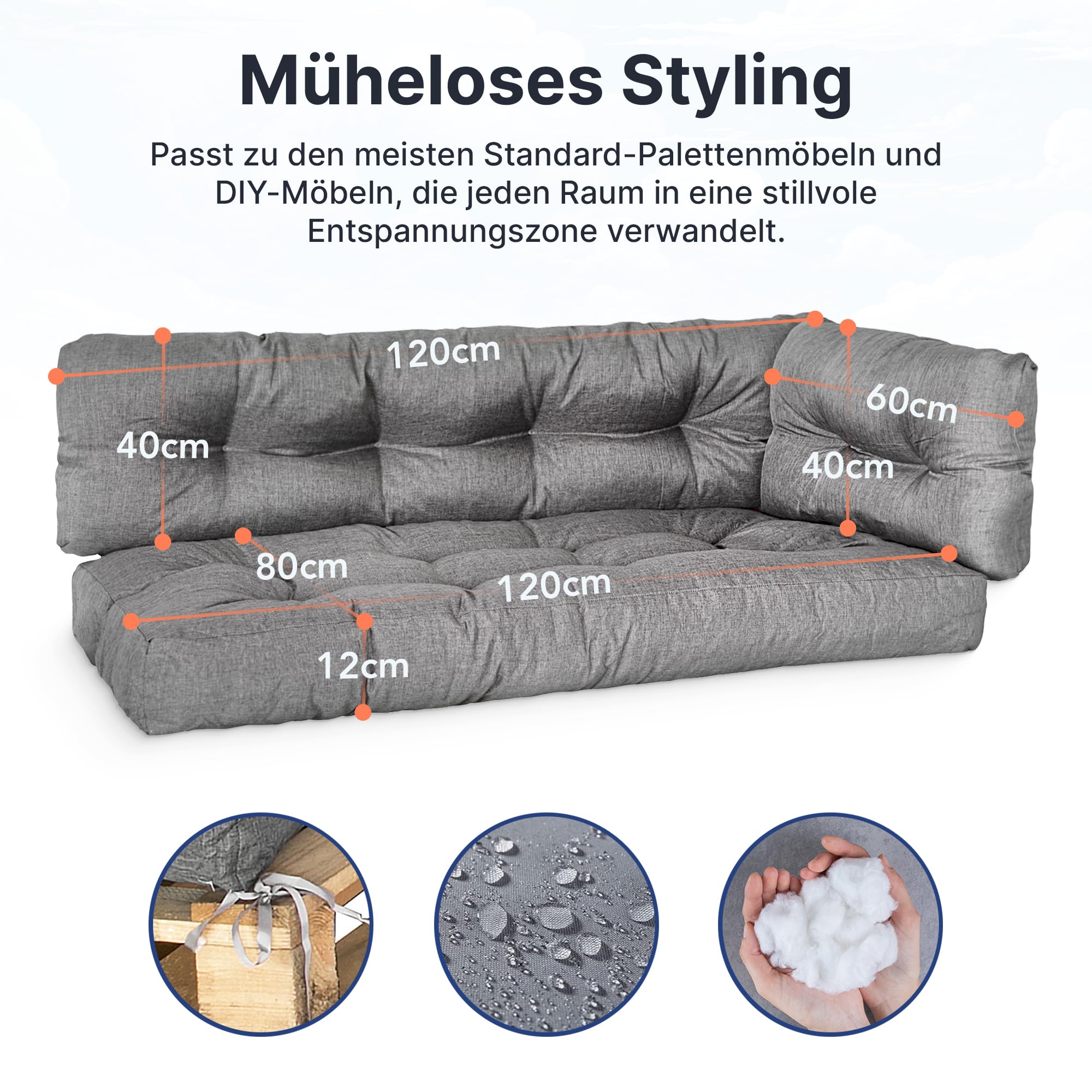 MKS Cuscino pallet Set di 3 impermeabile 120x80 120x40 60x40 cm con cinghie