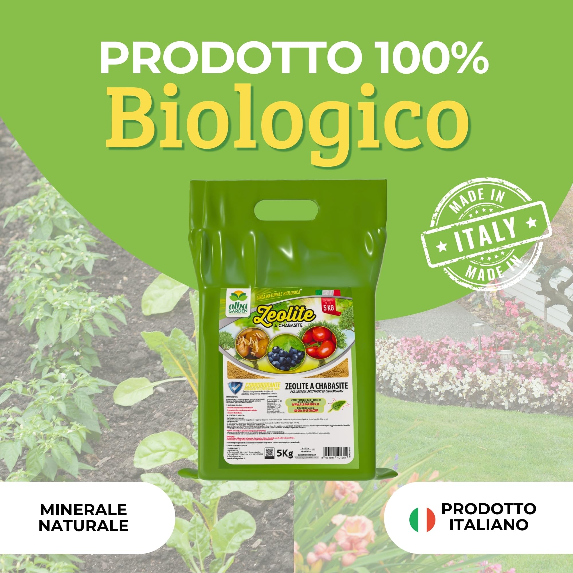 Albagarden - Zeolite per Agricoltura MAXI x 5 KG - Polvere di roccia, Potenziatore delle difese naturali Effetto Insetticida e Fungicida - Zeolite per Piante