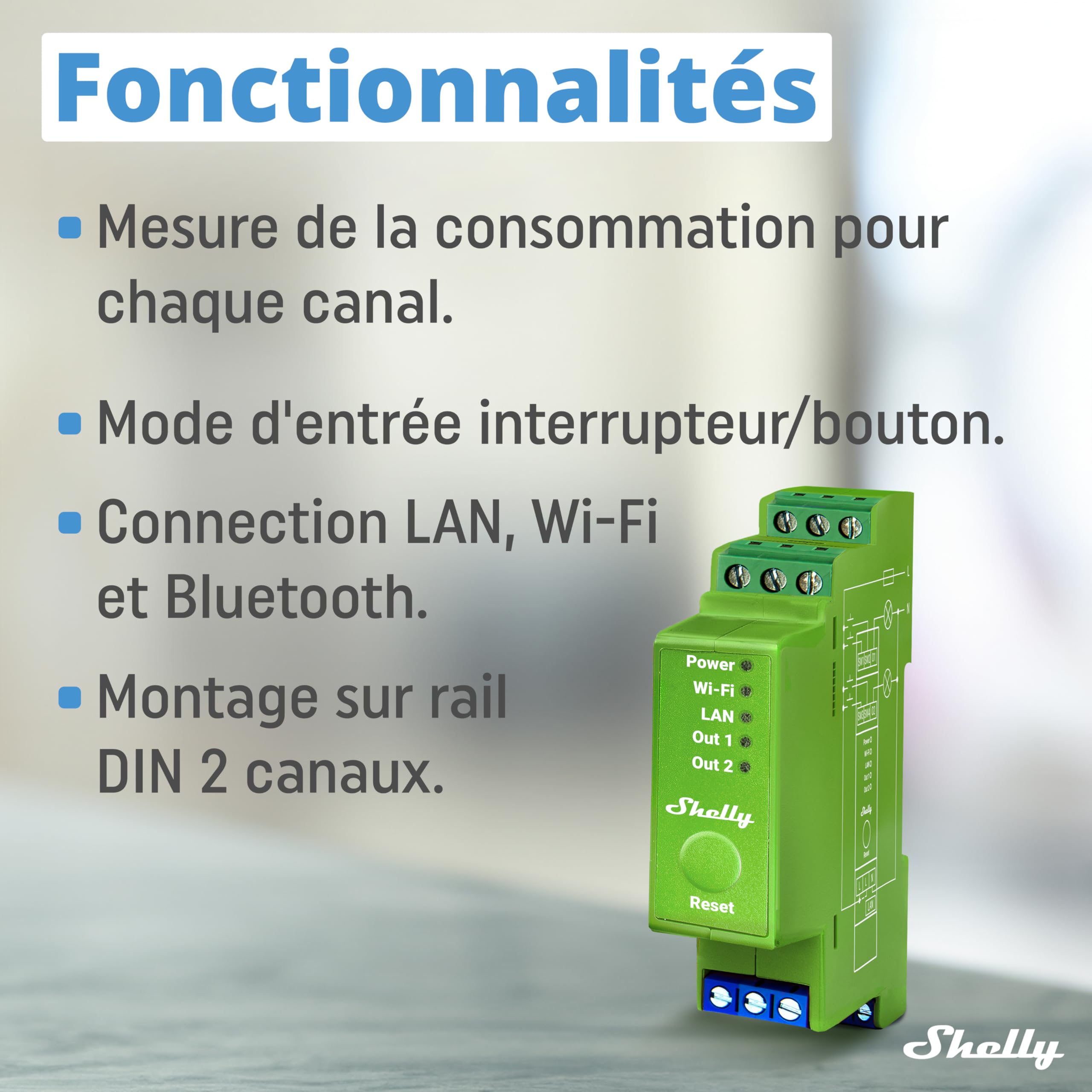 Shelly Pro Dimmer 2PM - Variateur de lumière Wi-Fi, LAN, Compteur de consommation intégré, 2 canaux (200W chacun), sur Rail DIN, Halogènes et LED, Compatible Alexa & Google Home, App iOS & Android