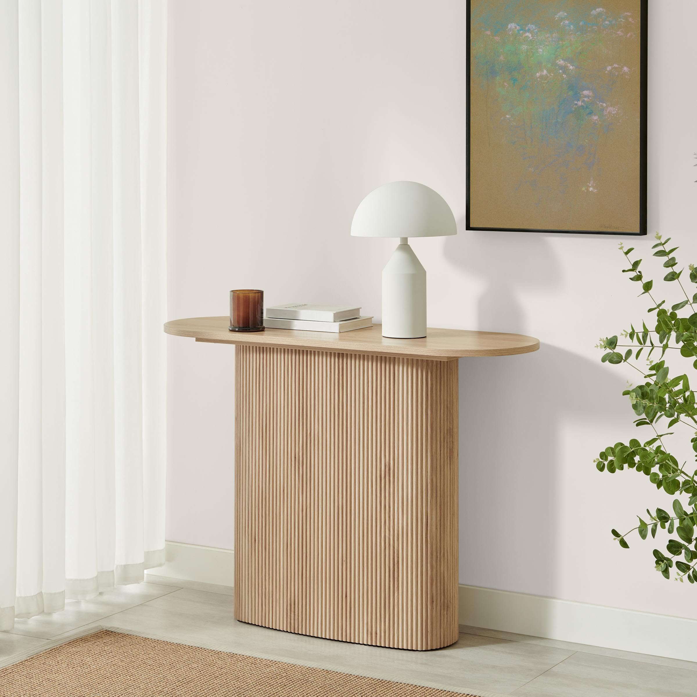 Furniturebox UK Side Table, 'Penrose' Oak Effect Wood Rounded Console Table With Pedestal Leg, Melamine Veneer, Slatted Wooden Pillar, Modern Scandi Japanese Style Living Room Furniture