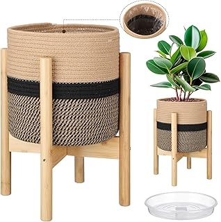 Sunnychicc Plant Basket with Stand Indoor Planter Pot Holder Sturdy Jute Rope Modern Woven Basket, Cotton Rope Woven Pot with Bamboo Stand(10 Inch,Black and Beige Stripes)