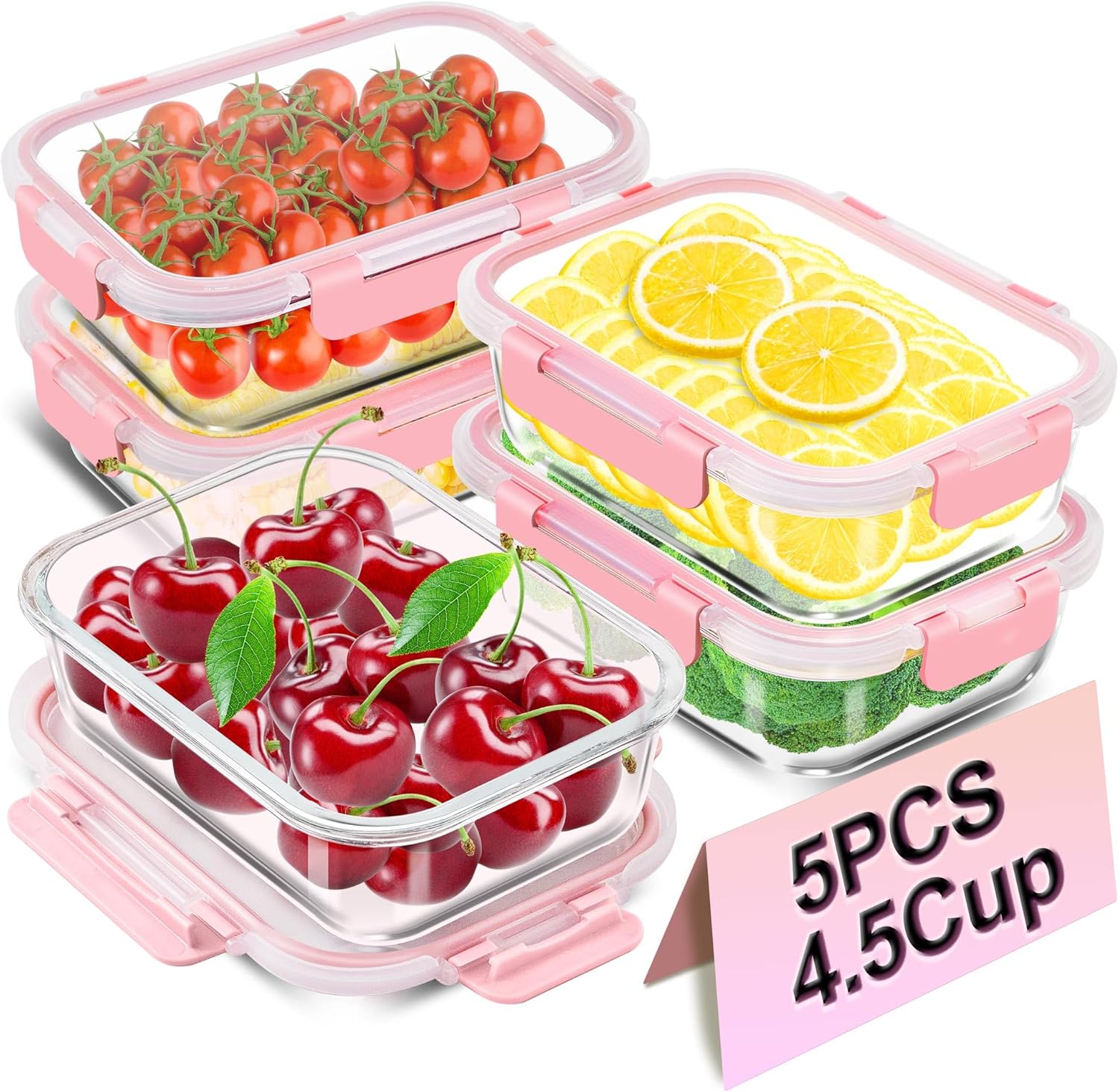 Glass Meals Storage Containers with Lids 36oz Glass Meal Prep Containers Reusable Glass Bento Containers for Adults Hermetic for Microwave, Oven, Freezer and Dishwasher(4.5cup𝘅5pcs)