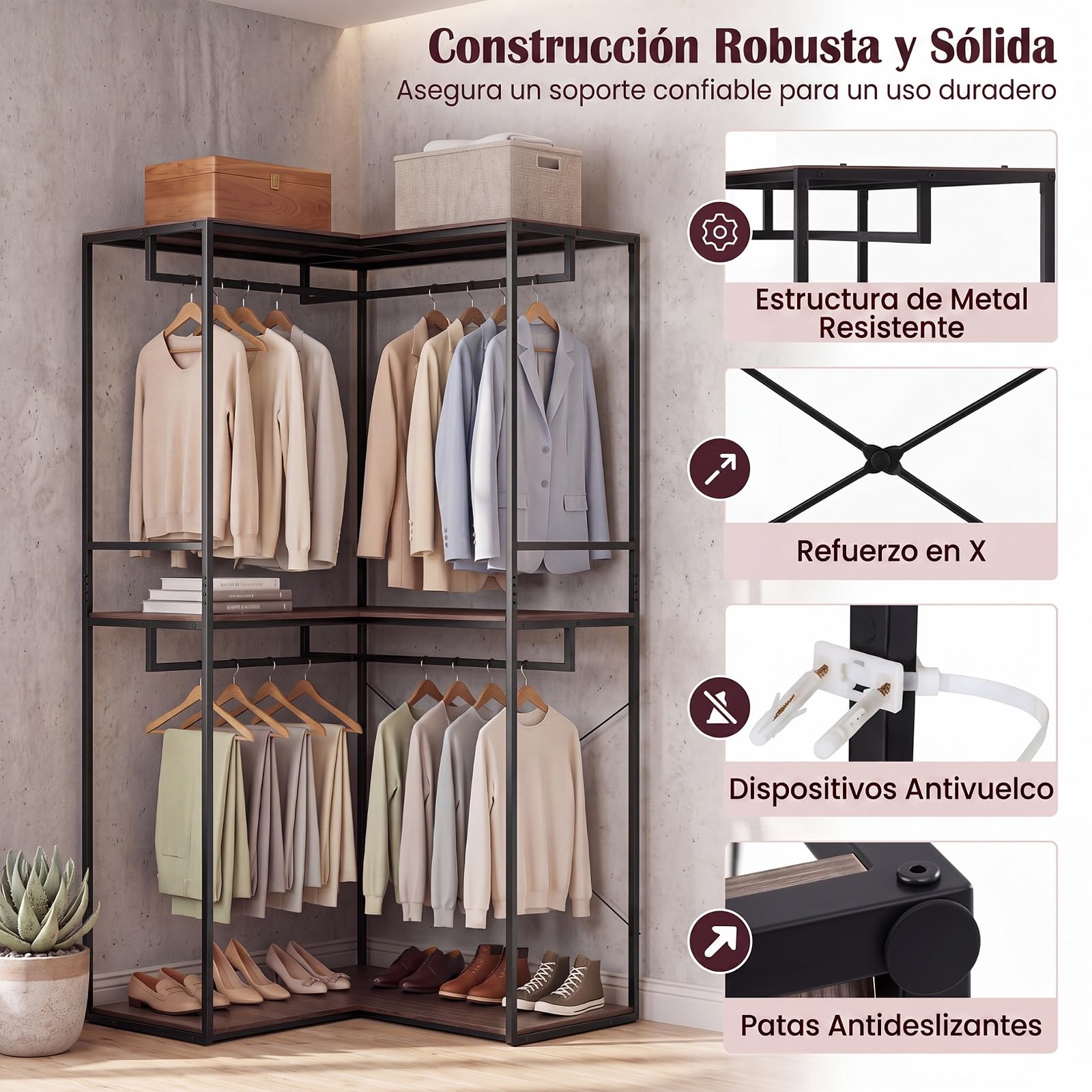 GYMAX Perchero de Pie en Forma de L, Guardarropa de 3 Niveles Independiente con Estantes Abiertos, Barras para Colgar, Estructura Metálica, Armario Organizador de Ropa Esquinero para Salón Dormitorio