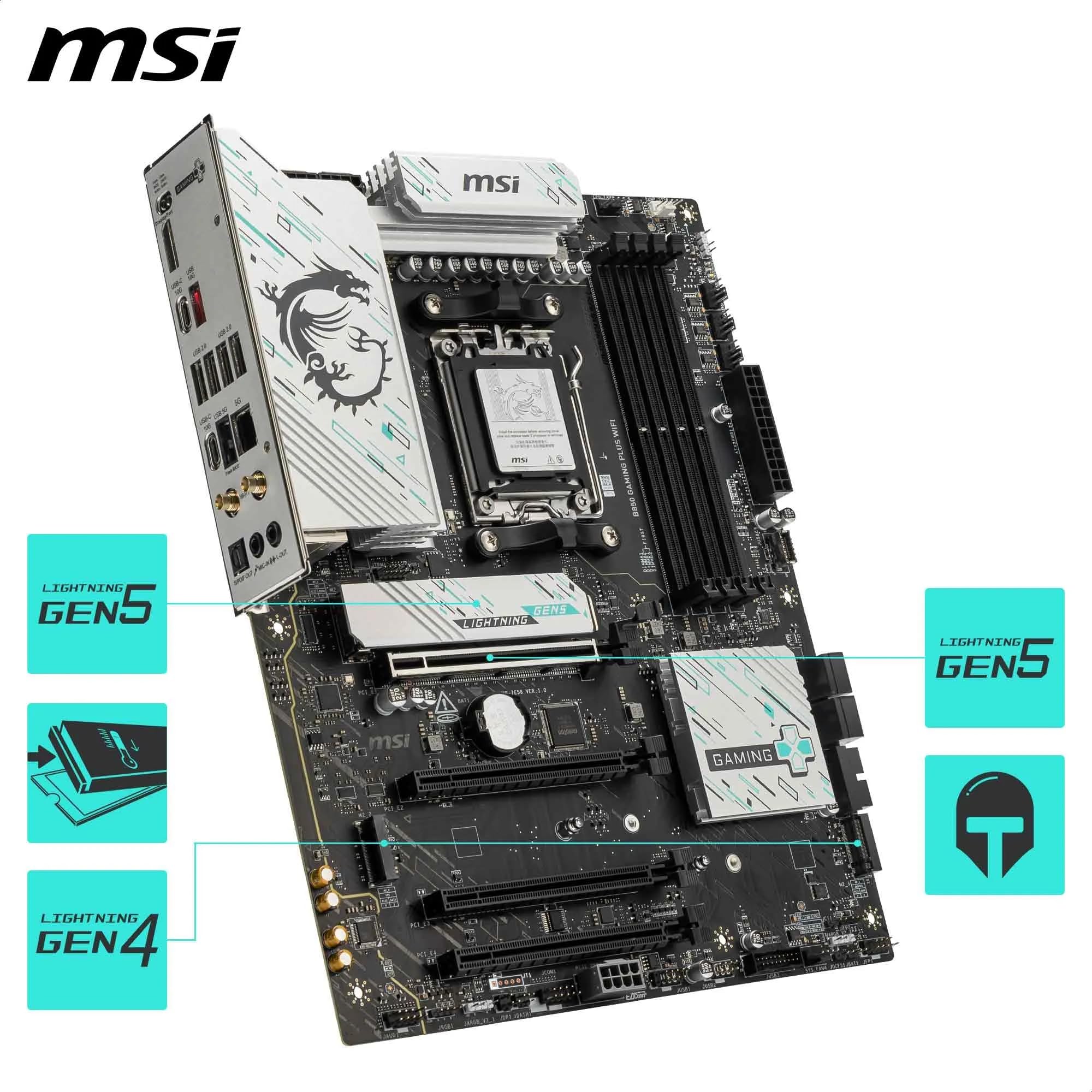 MSI Płyta główna B850 GAMING PLUS WIFI, ATX - Obsługuje procesory AMD Ryzen 9000/8000/7000, AM5 - DDR5 Memory Boost 8200+ MT/s (OC), PCIe 5.0 x16 i 4.0 x16, M.2 Gen 5, Wi-Fi 7, 5G LAN