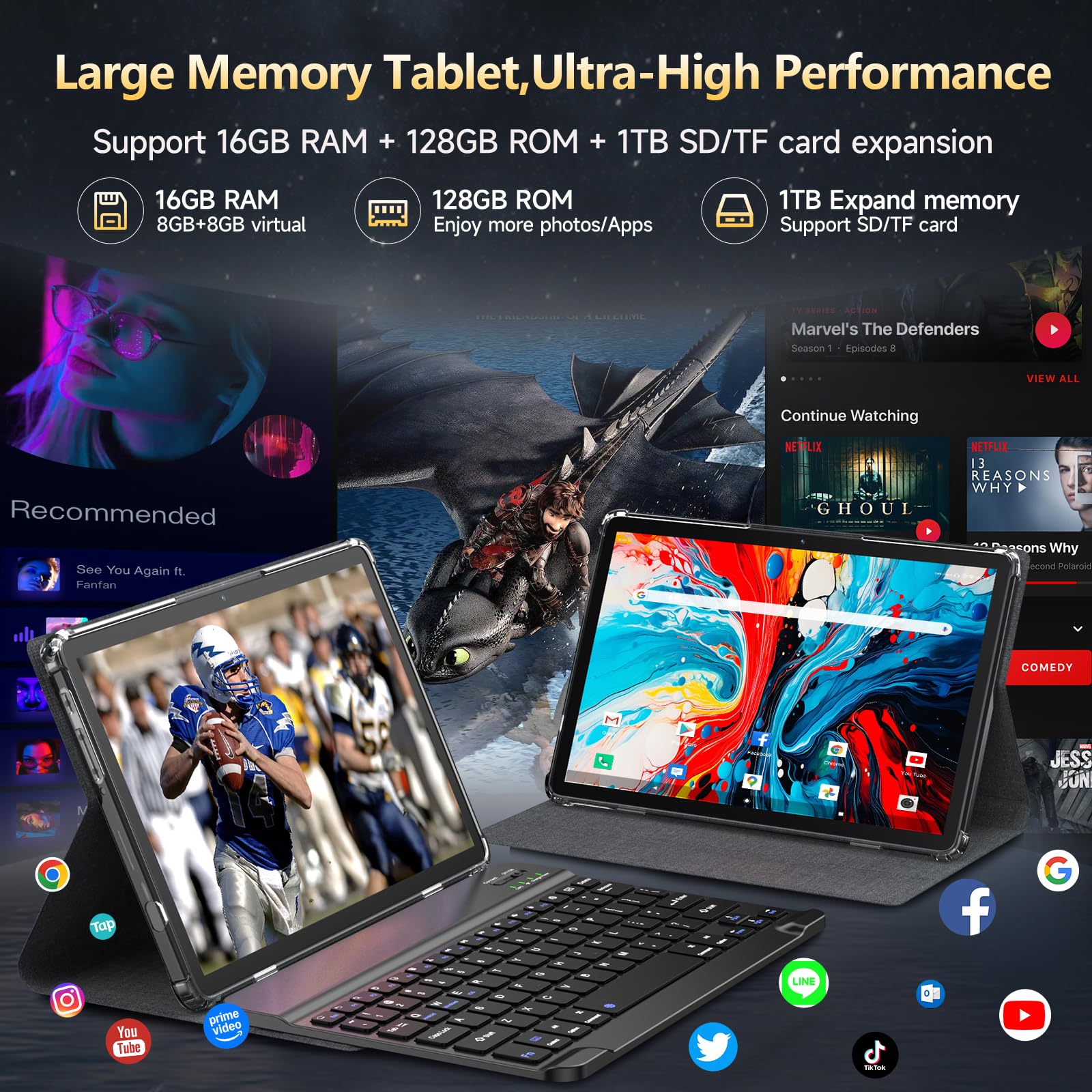 Tablet Android 15 2026 Ultimo Tablet da 11 pollici con tastiera, 128 GB ROM 16 GB RAM 2 TB espandibile, 8000 mAh, tablet Octa-Core con WiFi 5G/2.4G, grande schermo Incell, fotocamera da 13 MP+8 MP