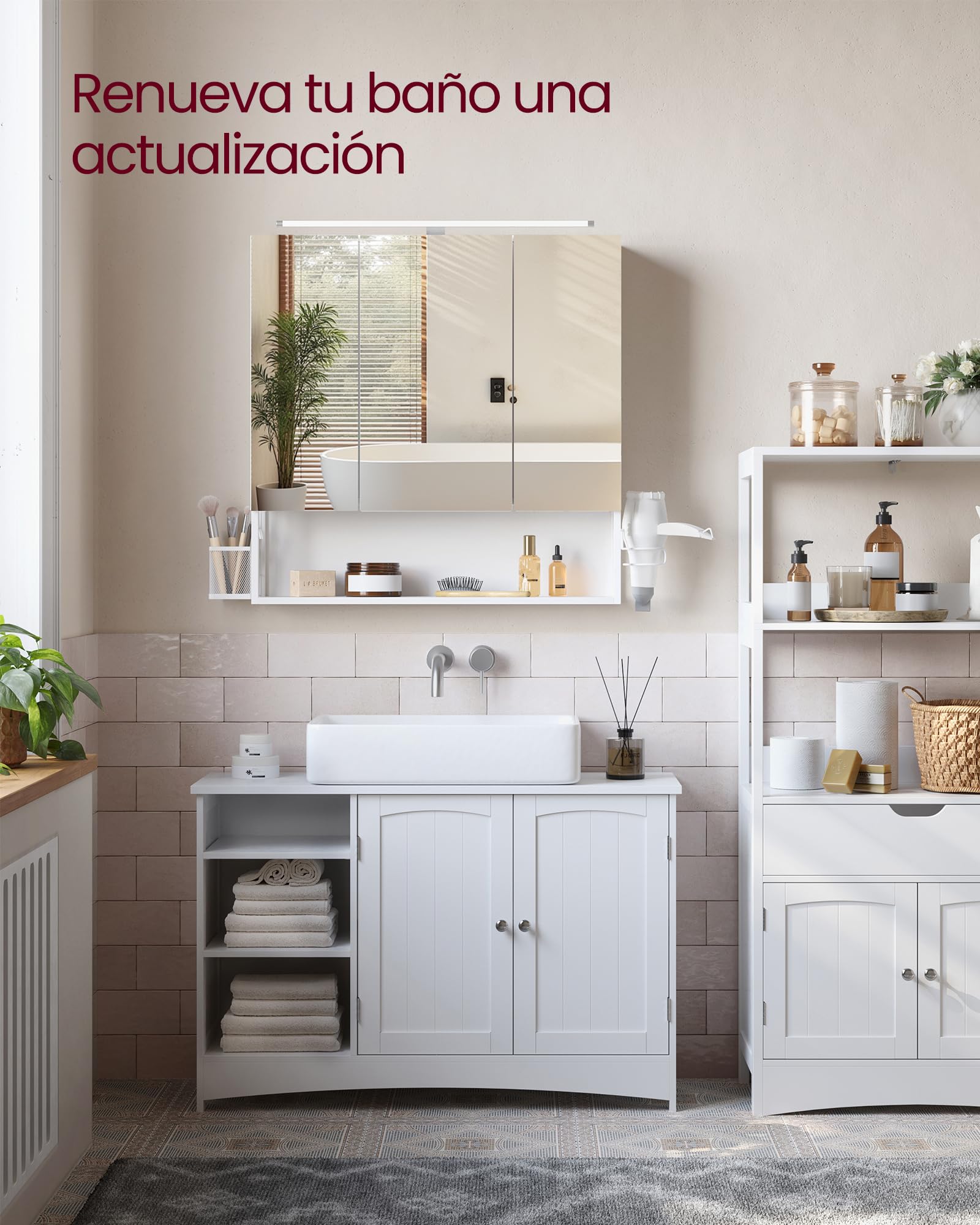 VASAGLE Armario de Baño con Iluminación LED, 14,5 x 70 x 70 cm, Espejo 3 Puertas, Mueble de Pared con Espejo, Enchufe, Cesta, Soporte para Secador, Blanco Nube BBK124W14