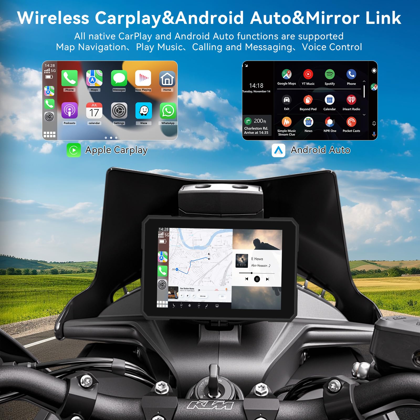 5 Pulgadas Pantalla Carplay de Motocicleta, IPX67 Impermeable, para CarPlay y Android Auto con Bluetooth Dual, Control de Voz, GPS, Detección de presión de neumáticos