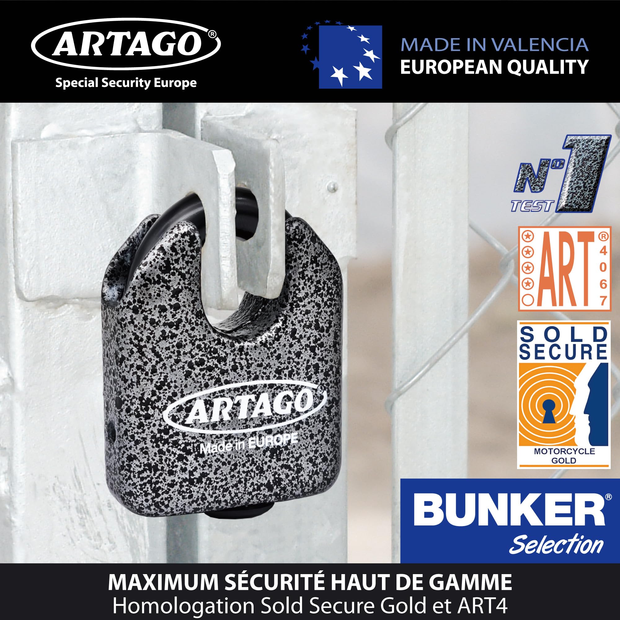 Artago 68T/B Cadenas de Sécurité Maximale ø15mm, BUNKER SELECTION, Homologué Sold Secure Gold, Monobloc, Serrure à Clé Haute Sécurité, Compatible avec Porte Extérieure, Chaîne grande, Conteneur