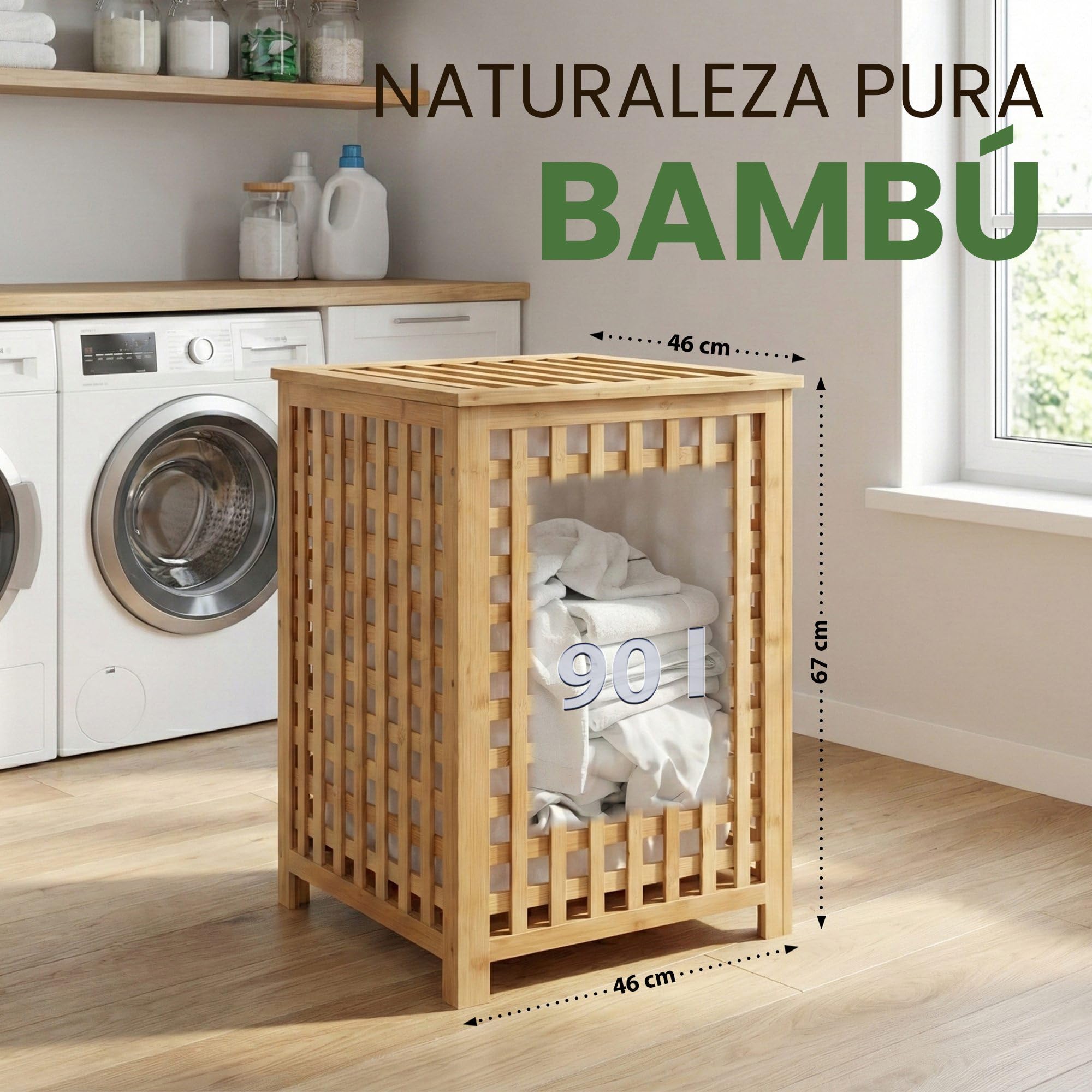 CLP Lenca - Cesto para la ropa sucia (madera, 90 L, lavable, marco de bambú, para baño, color natural)