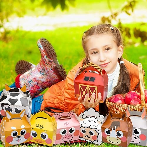 Miniatura 7 de Paquete de 24 cajas de recuerdo de fiesta de animales de granja, cajas de regalo de dulces para fiestas de cumpleaños de niños, 8 diseños