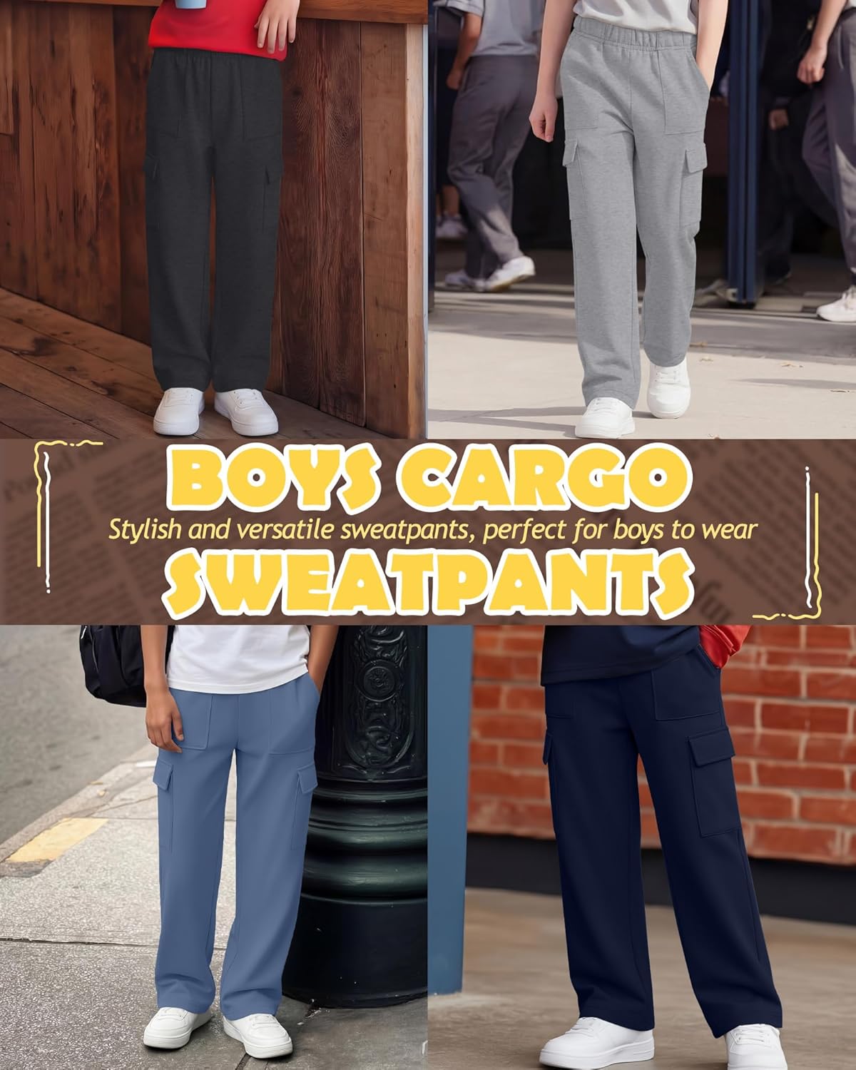 5 Pack Boy's Cargo Sweatpants Straight Leg Baggy Open Bottom Pants Athletic Joggers with 5 Pockets