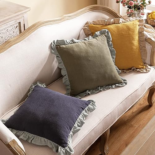 Miniatura 7 de patdrea Shabby Chic - Juego de 2 fundas de almohada decorativas amarillas de 18 x 18 pulgadas, fundas de almohada de lino con volantes, funda