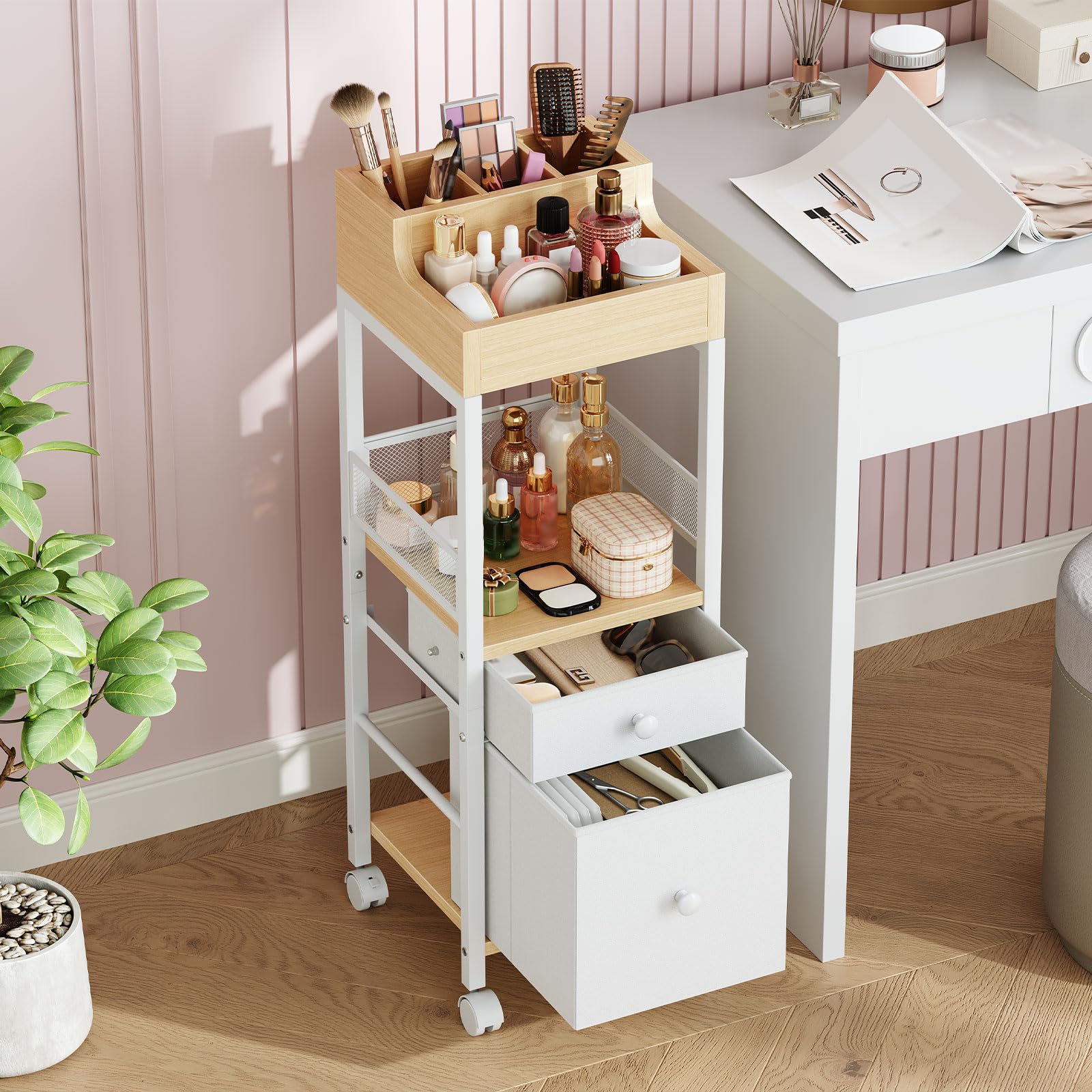 HOOBRO Doppel-Schubladen Kosmetikwagen, Mobiler Schminkwagen, Kosmetik-Aufbewahrungswagen, Badrollwagen für Hautpflegeprodukte, Pinsel, Nagellack, Friseurbedarf, Weiß und Natur EWN19TC04