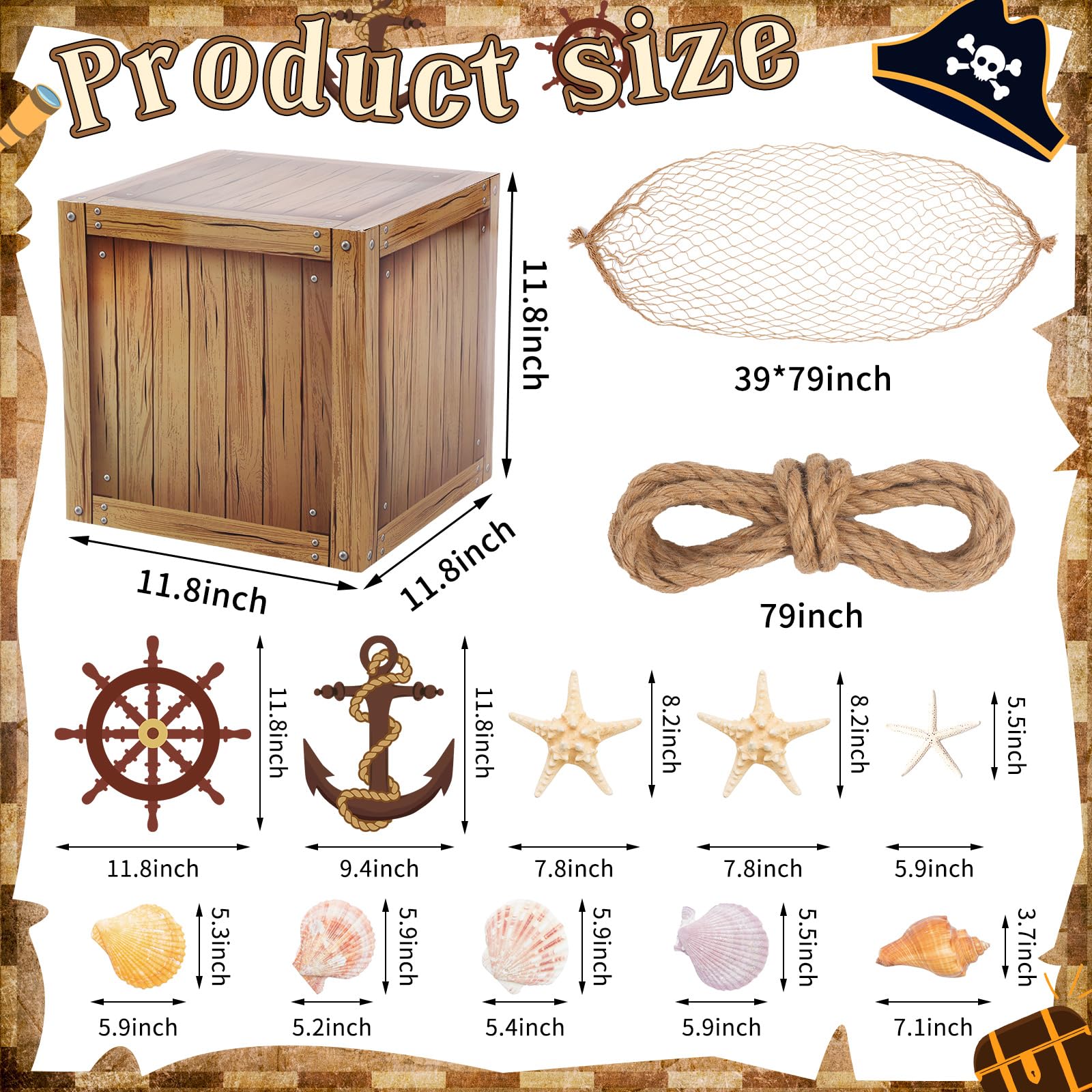JellyArch 18 piezas de recuerdos de fiesta pirata, decoraciones de Halloween, caja de madera de imitación, tarjeta de red de pesca pirata, decoración de fiesta de cumpleaños, suministros de fiesta