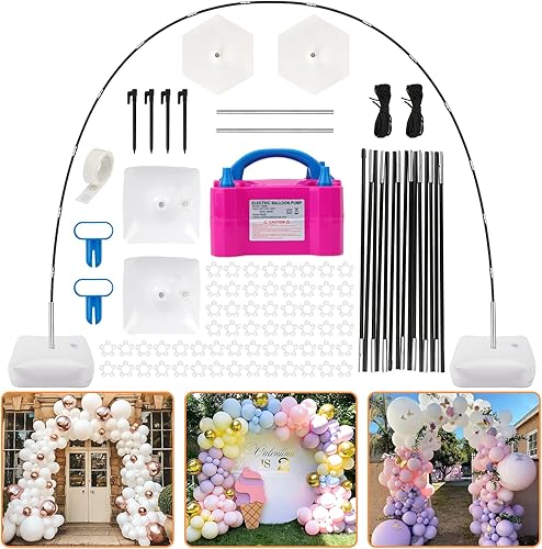 RUBFAC Kit de arco de globos y bomba de globos, soporte de arco de globos ajustable de 10 pies de ancho para marco de piso con bases de bomba