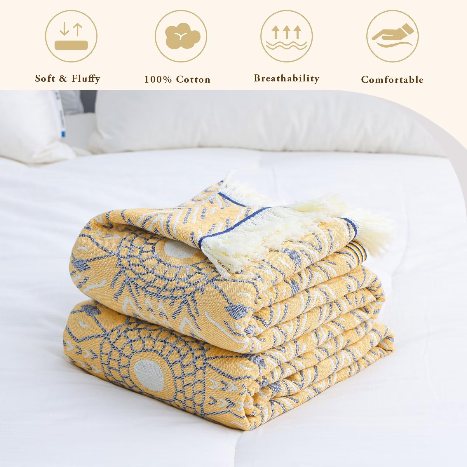 Boho Plaid - Manta reversible ligera 100% algodón para todas las estaciones, suave y transpirable, perfecta para cama, sofá y granja, flores, edredón