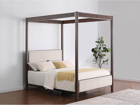 Tova, Queen Canopy Bed, Metal Bed Frame, Rust Brown Canopy Bed Frame, Beige Upholstered Headboard and Footboard, Modern Open Frame Bedroom
