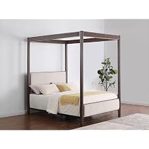Tova, Open Frame King Canopy Bed, Metal Bed Frame, Rust Brown Eastern King Bed with Beige Upholstered Headboard and Footboard, Bedroom, 89 Inch High By 80 Inch Wide By 87 Inch Long