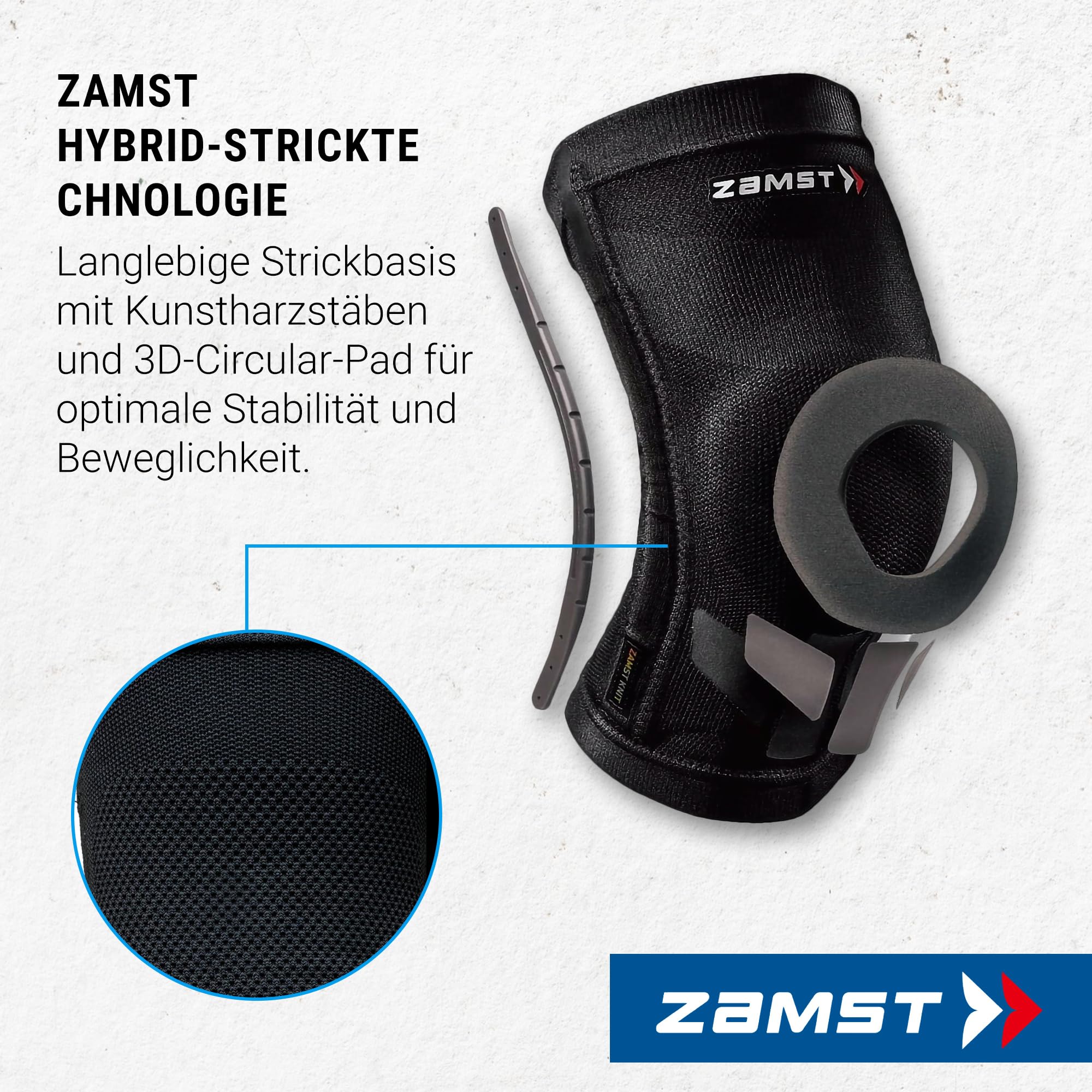 Zamst ZK-Motion Kniebandage Sport, Bequemes Strickgewebe, Flexible Harz-Stütze - Kniestütze bei Verstauchungen am Kreuz-, Innen- & Außenband - Basketball, Volleyball, Fußball, Ski, GRÖSSE (L)