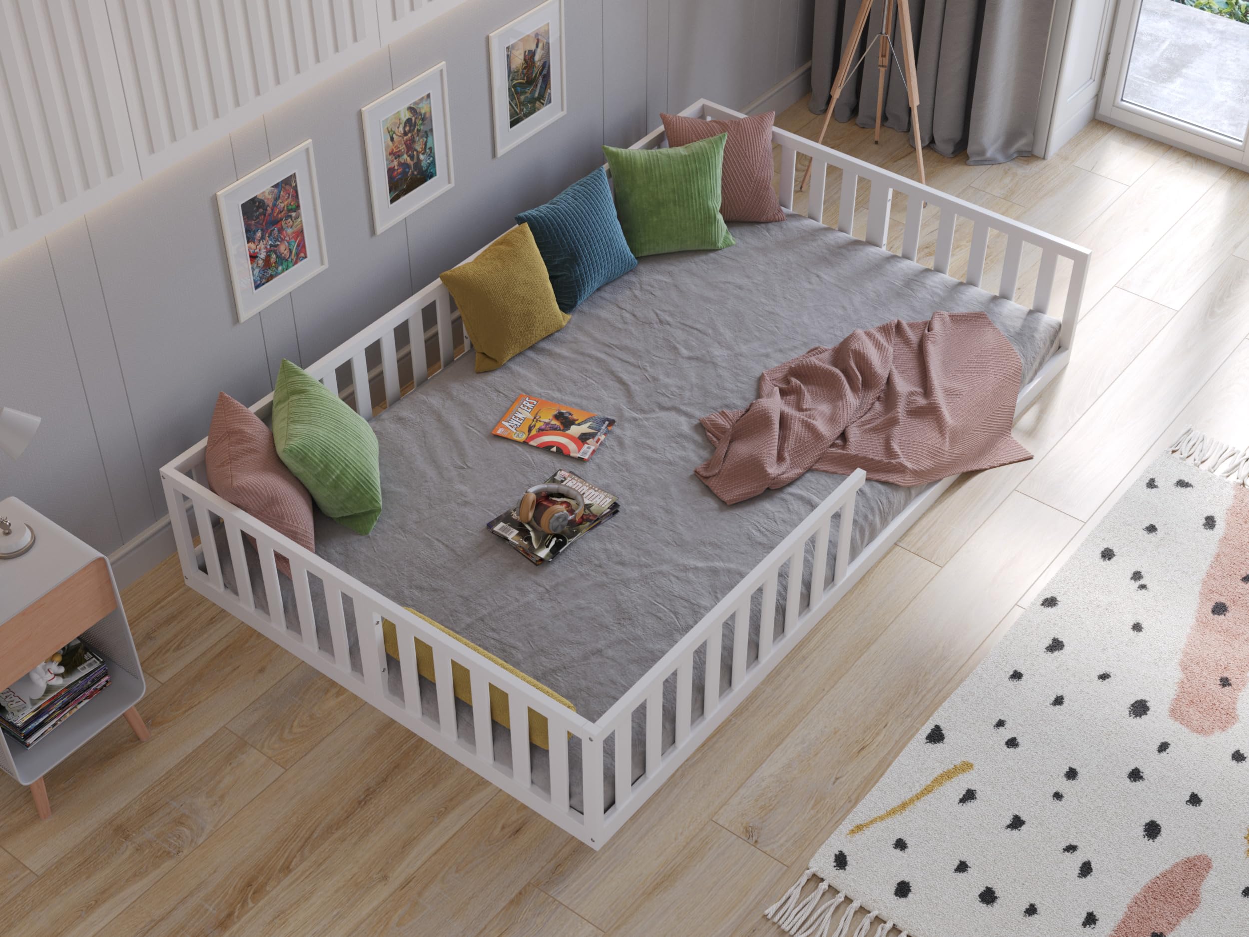 Love For Sleep Letto a pavimento bambini Bianco120x200cm Letto Montessori Costruzione Adatta ai Bambini, in legno, basso per bambini con doghe di legno