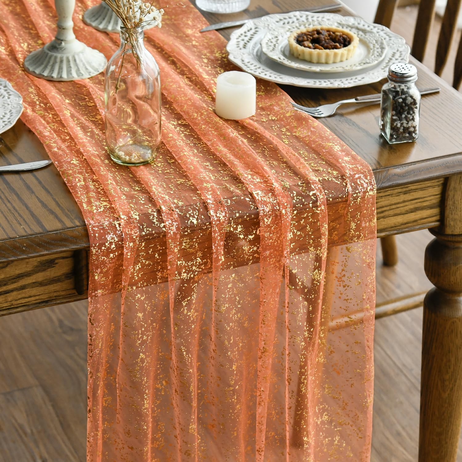 Artoid Mode 6PCS Orange Gold Gauze Table Runner 120 Inch 10FT, Glitter Metallic Foil Sheer Dining Wedding Anniversary Holiday Table Decor for Home Party 28" x 120", 6pc Orange