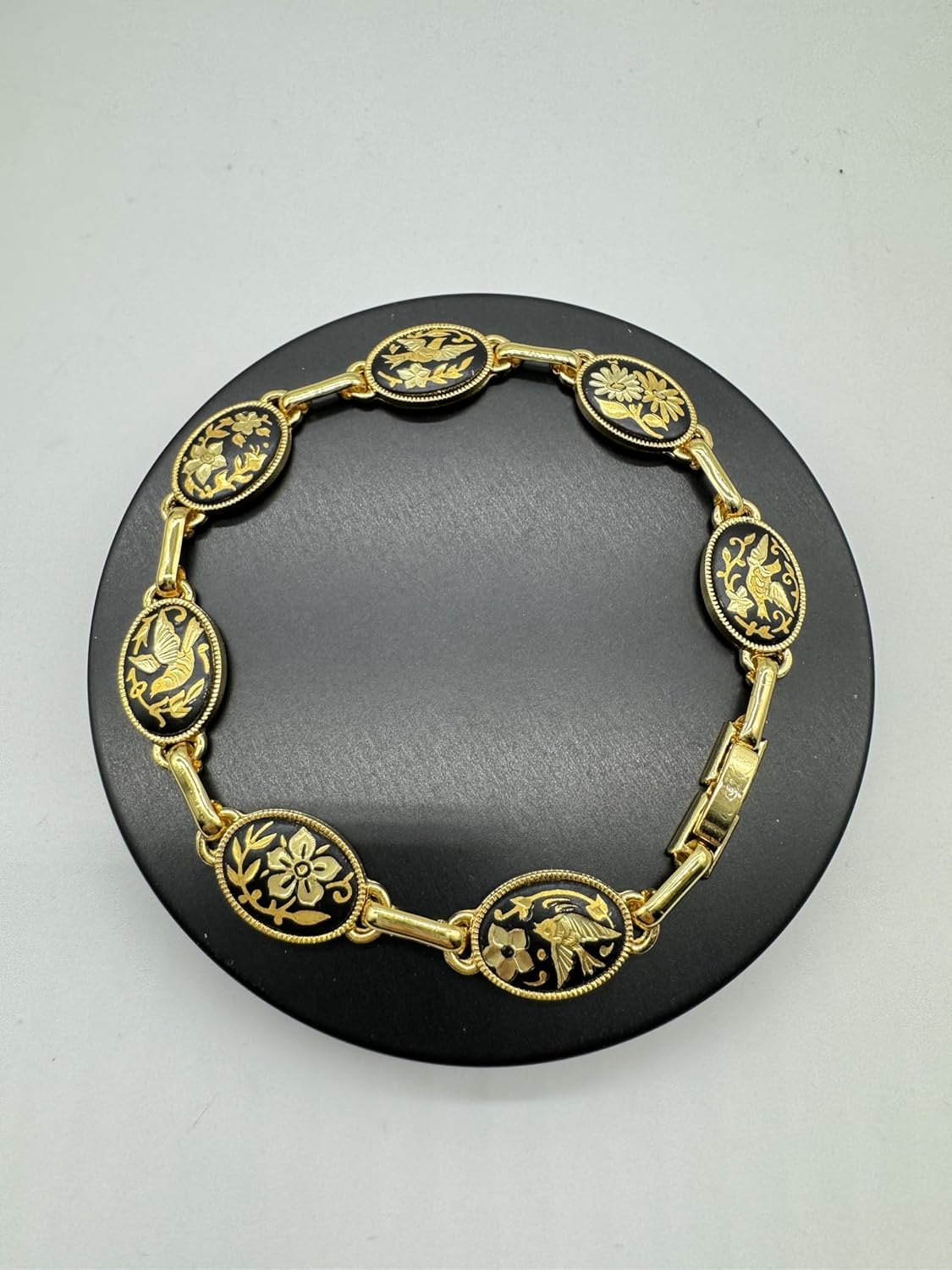 Luxurious Damascene Spanish 24K Gold & Steel Bracelet Birds and Flowers Design Spain