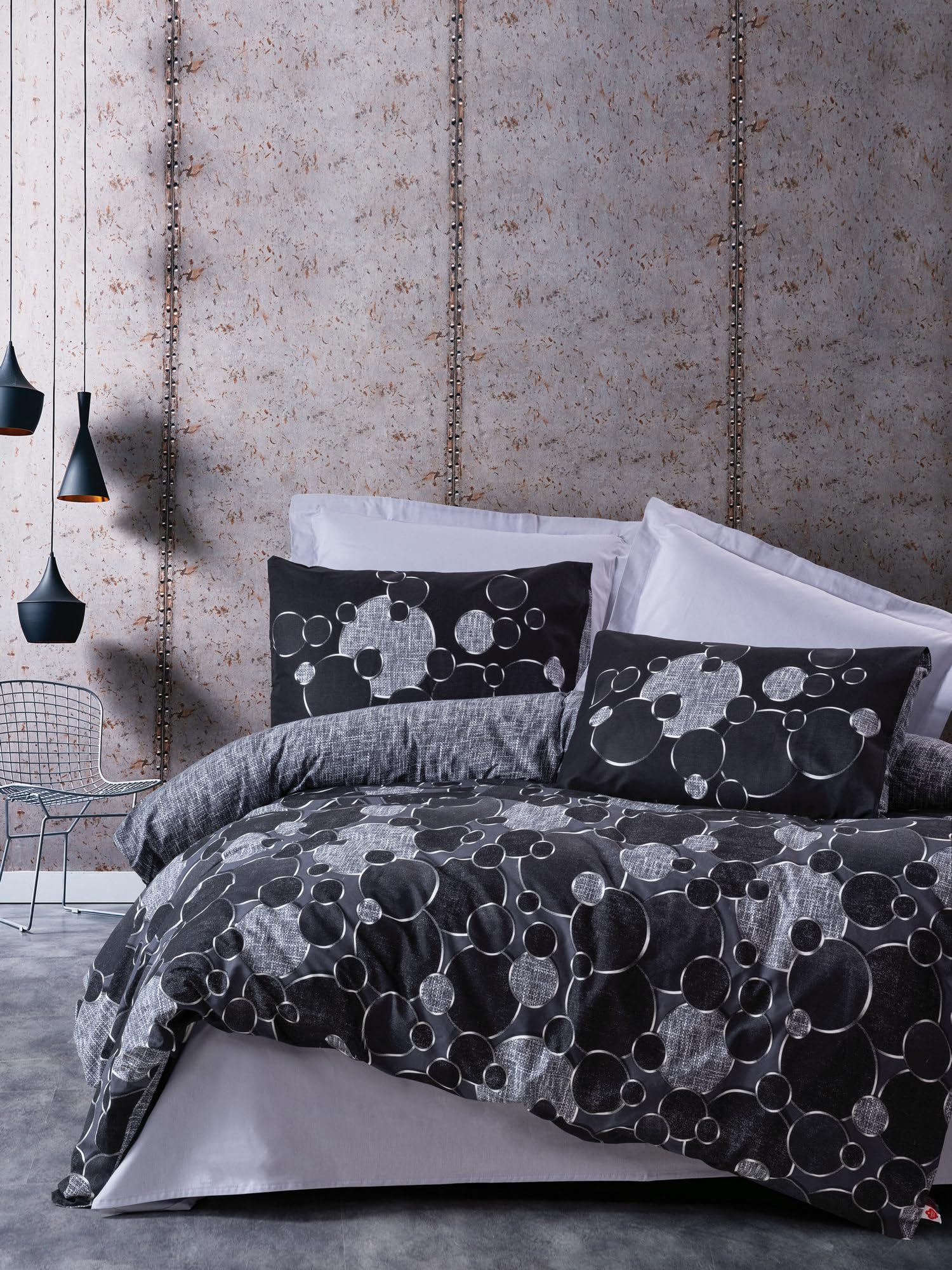 Nuit Des Rêves Premium Ranforce Double Quilt Cover Set (200 x 200 cm), 100% Cotton, Grey & Black, 2 Pillowcases (80 x 80 cm), Reactive Print, Machine Washable, Button Closure