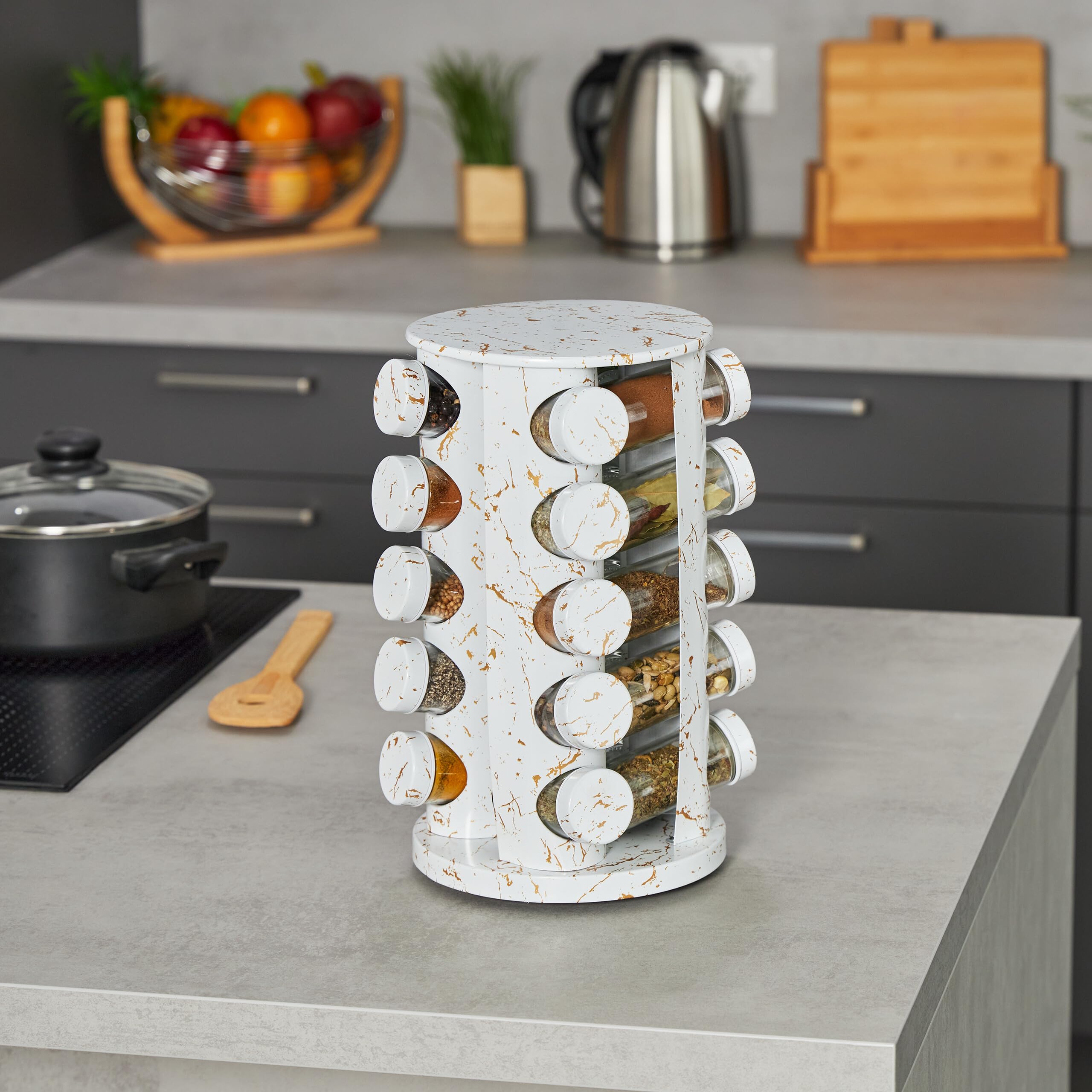 Relaxdays Tourniquet à épices, 20 Pots, chacun avec Embout tamiseur, Rotatif à 360°, Effet marbre, HD 33,5x19 cm, Blanc