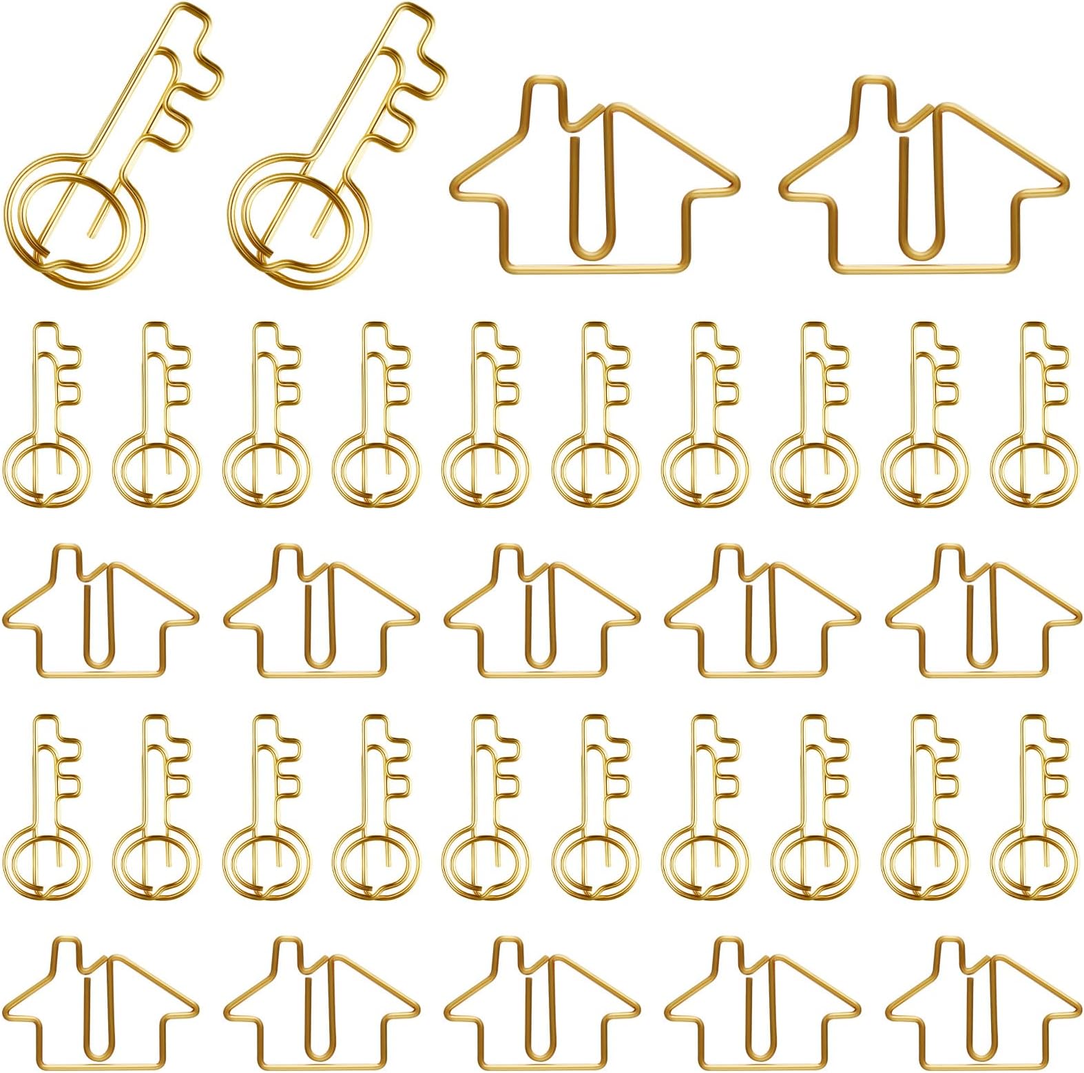 Gueevin 102 Pack Real Estate Agent Supplies, 50 House Shaped Paper Clips and 50 Key Shaped Wire Clips with 2 Clear Storage Boxes, Cute Office Gifts for Real Estate, Home, Classroom(Gold)