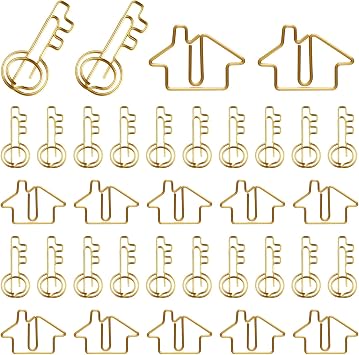 Gueevin 102 Pack Real Estate Agent Supplies, 50 House Shaped Paper Clips and 50 Key Shaped Wire Clips with 2 Clear Storage Boxes, Cute Office Gifts for Real Estate, Home, ClassroomGold